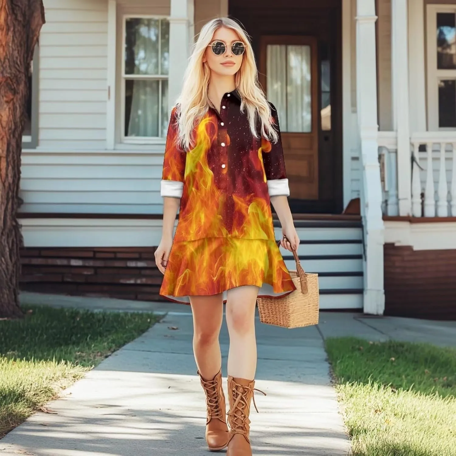 Youngerbaby Shirt Dresses for Woman Long Sleeve Mini Dresses Ruffle Hem Dresses with Pockets S-2XL