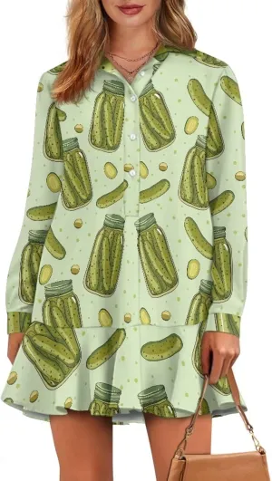 Youngerbaby Shirt Dresses for Women Long Sleeve Mini Dresses with Pockets Ruffee Hem Dresses S-2XL