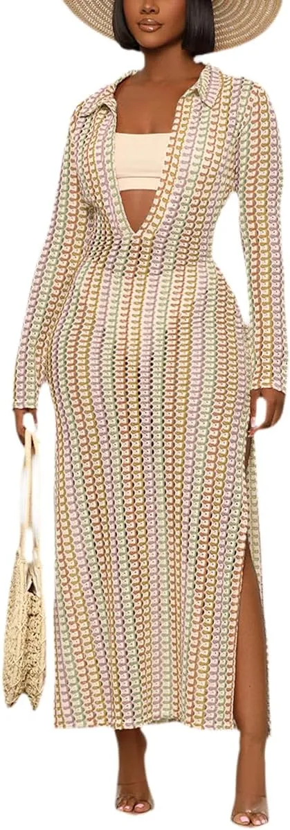 YouSexy Women's Sexy Swimsuit Maxi Dress Long Sleeve Hollow Out Long Beach Cover Up Dress