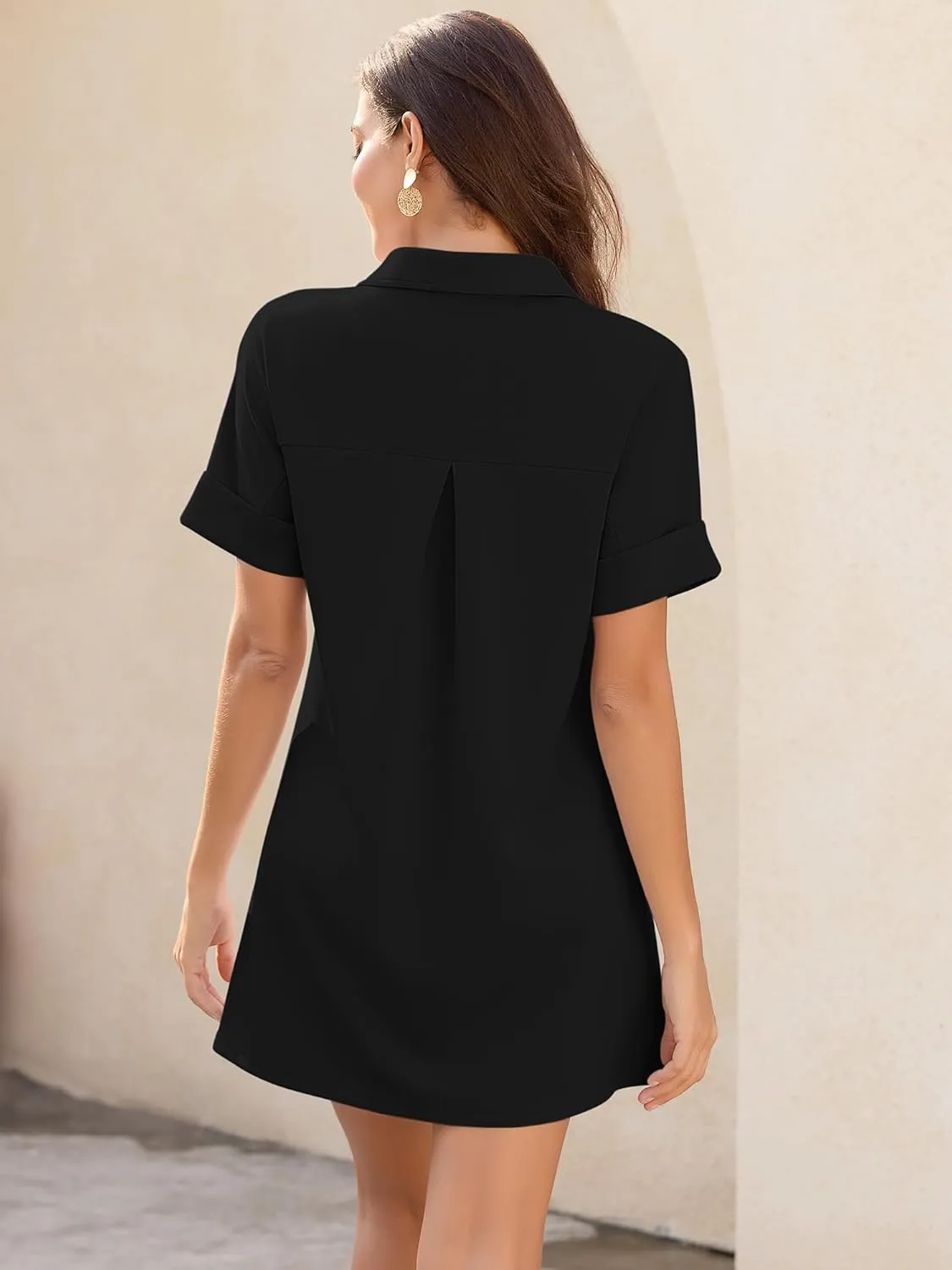 ZAFUL Women's 2025 Summer Casual Mini Shirt Dress Pockets V-Neck Collar Short Sleeves A-Line Cute Flared Babydoll Dresses