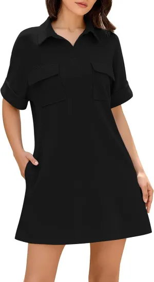 ZAFUL Women's 2025 Summer Casual Mini Shirt Dress Pockets V-Neck Collar Short Sleeves A-Line Cute Flared Babydoll Dresses