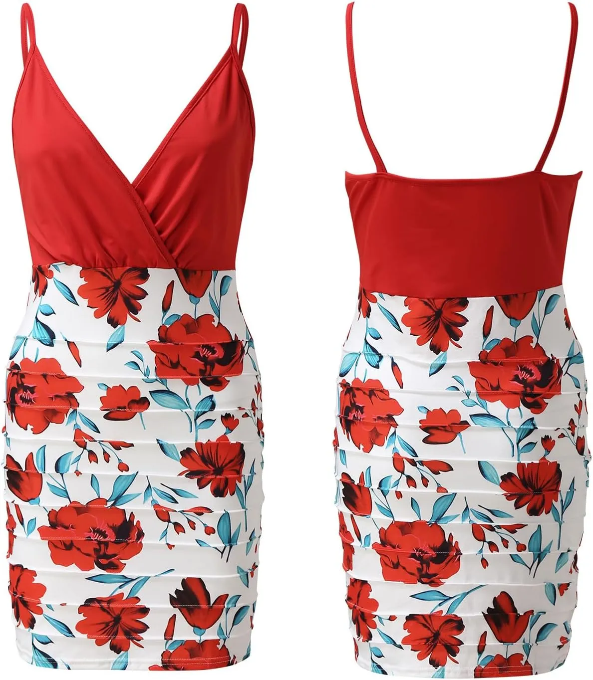 ZIUMUDY Womens V Neck Spaghetti Strap Bodycon Dress Floral Printed Party Club Dresses
