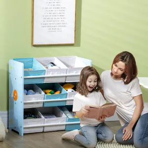 ZONEKIZ Kids Storage Unit with 9 Removable Storage Baskets, Toy Box Organiser with Shelf, Book Shelf for Nursery Playroom, Blue