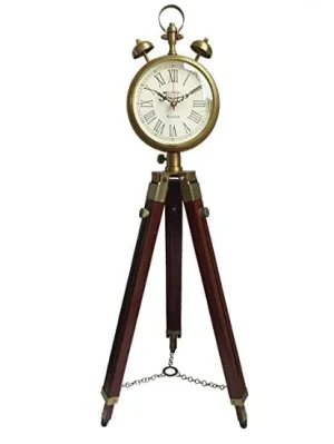 Zubair Enterprises Wooden and Brass Antique Metal Tripod Floor Analog Clock with Stand Two Bell Prop Roman Number for Home - 37.5 Cm