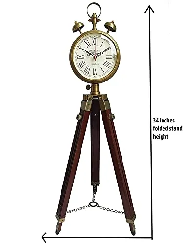 Zubair Enterprises Wooden and Brass Antique Metal Tripod Floor Analog Clock with Stand Two Bell Prop Roman Number for Home - 37.5 Cm