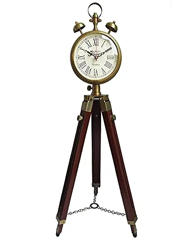 Zubair Enterprises Wooden and Brass Antique Metal Tripod Floor Analog Clock with Stand Two Bell Prop Roman Number for Home - 37.5 Cm