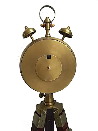 Zubair Enterprises Wooden and Brass Antique Metal Tripod Floor Analog Clock with Stand Two Bell Prop Roman Number for Home - 37.5 Cm