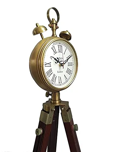 Zubair Enterprises Wooden and Brass Antique Metal Tripod Floor Analog Clock with Stand Two Bell Prop Roman Number for Home - 37.5 Cm