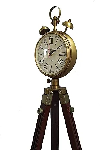 Zubair Enterprises Wooden and Brass Antique Metal Tripod Floor Analog Clock with Stand Two Bell Prop Roman Number for Home - 37.5 Cm