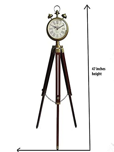 Zubair Enterprises Wooden and Brass Antique Metal Tripod Floor Analog Clock with Stand Two Bell Prop Roman Number for Home - 37.5 Cm