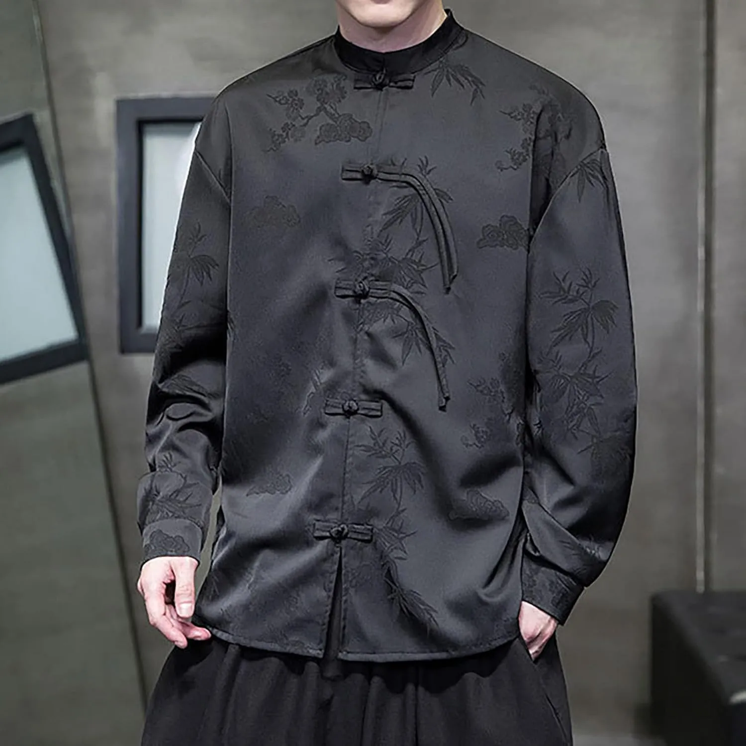 ZYXTIM Tai Chi Clothing Kung Fu Chinese Traditional Uniform Tops Luxury Flowered Printed Button Down Satin Shirt Big&Tall