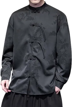 ZYXTIM Tai Chi Clothing Kung Fu Chinese Traditional Uniform Tops Luxury Flowered Printed Button Down Satin Shirt Big&Tall