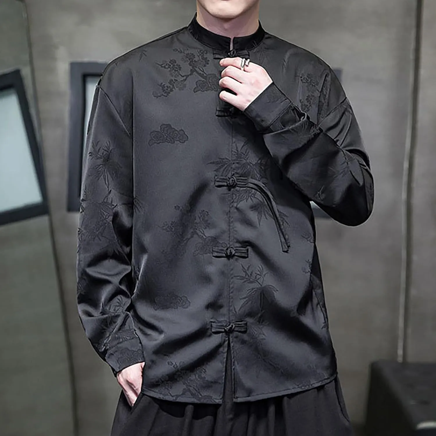 ZYXTIM Tai Chi Clothing Kung Fu Chinese Traditional Uniform Tops Luxury Flowered Printed Button Down Satin Shirt Big&Tall