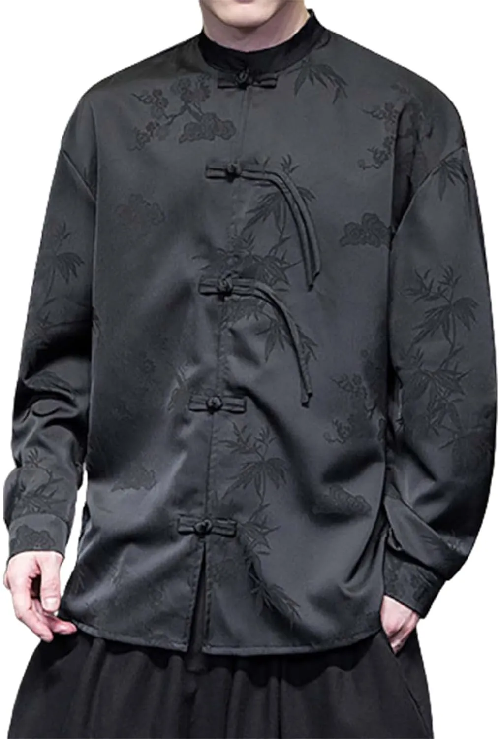 ZYXTIM Tai Chi Clothing Kung Fu Chinese Traditional Uniform Tops Luxury Flowered Printed Button Down Satin Shirt Big&Tall